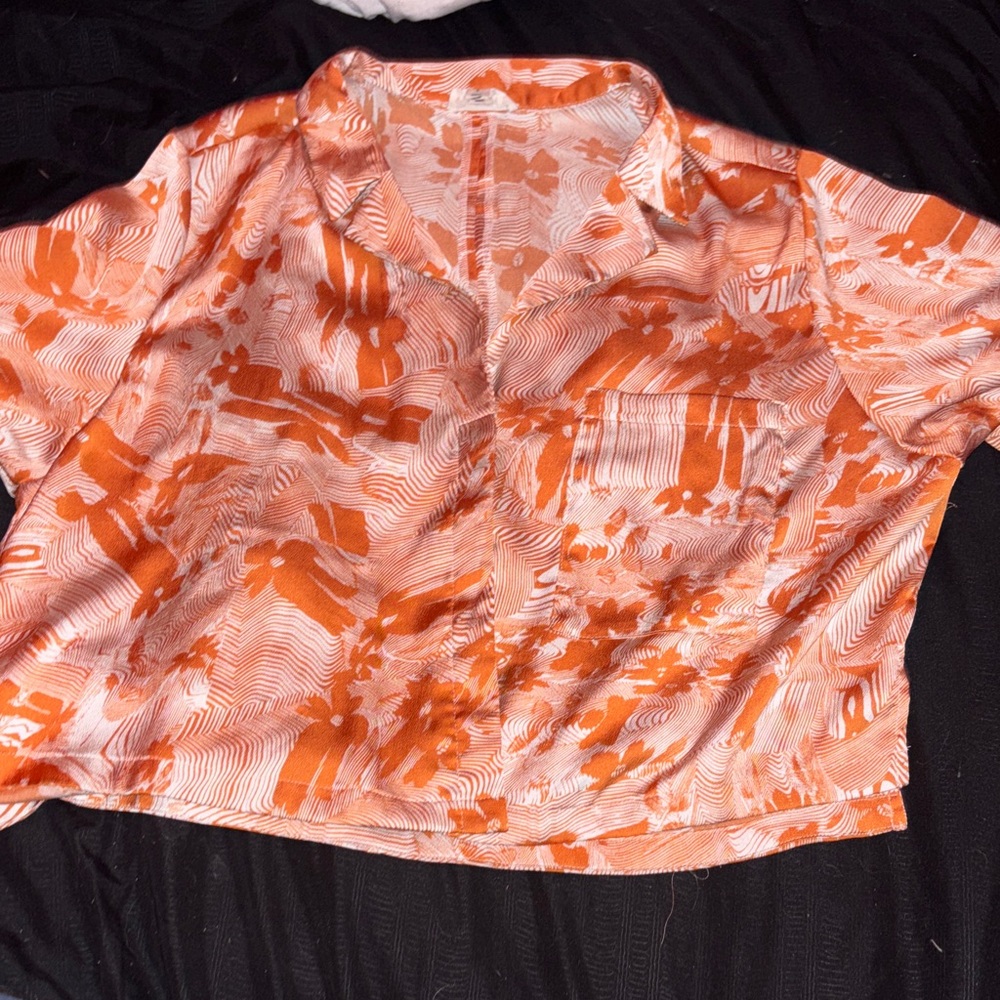 Orange floral cropped Button-Up T-shirt